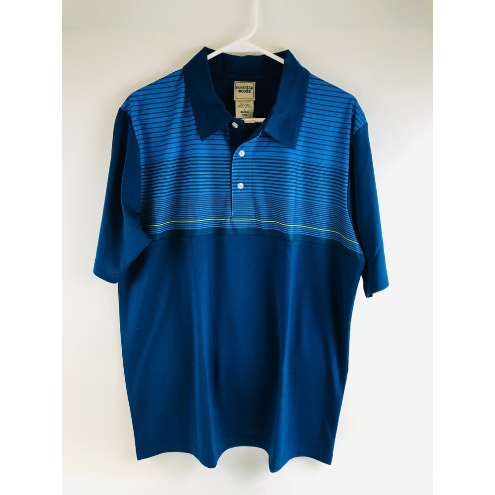 Scandia Woods Polo Shirt Men's Size Large Blue Stripes Short Sleeve 1/4 Buttons
